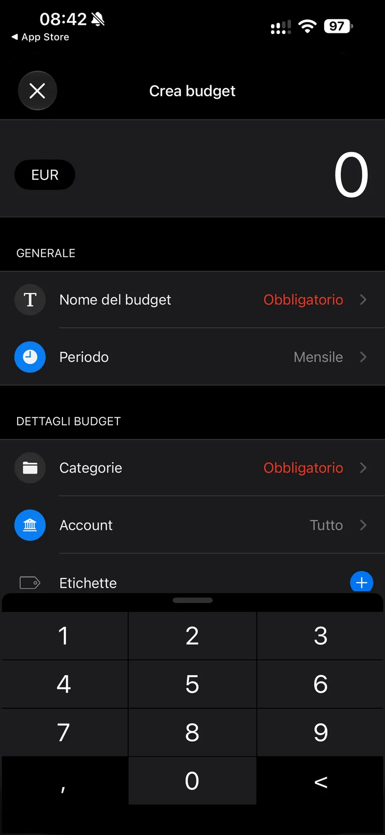 Schermata Crea budget di Wallet con importo, Nome del budget obbligatorio, Periodo mensile, Categorie obbligatorio, Account tutto ed Etichette