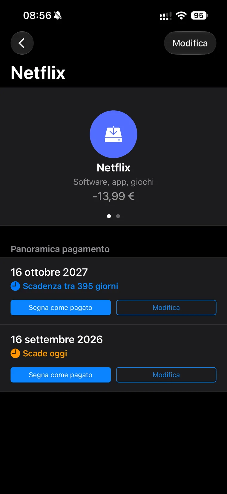 Pagina del pagamento pianificato Netflix in Wallet, categoria Software app giochi, 13,99 euro, con due scadenze e per ognuna i pulsanti Segna come pagato e Modifica