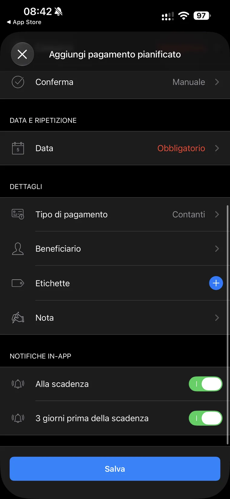 Parte inferiore del modulo pagamento pianificato di Wallet con Tipo di pagamento, Beneficiario, Etichette, Nota e gli interruttori Notifiche in-app alla scadenza e tre giorni prima della scadenza
