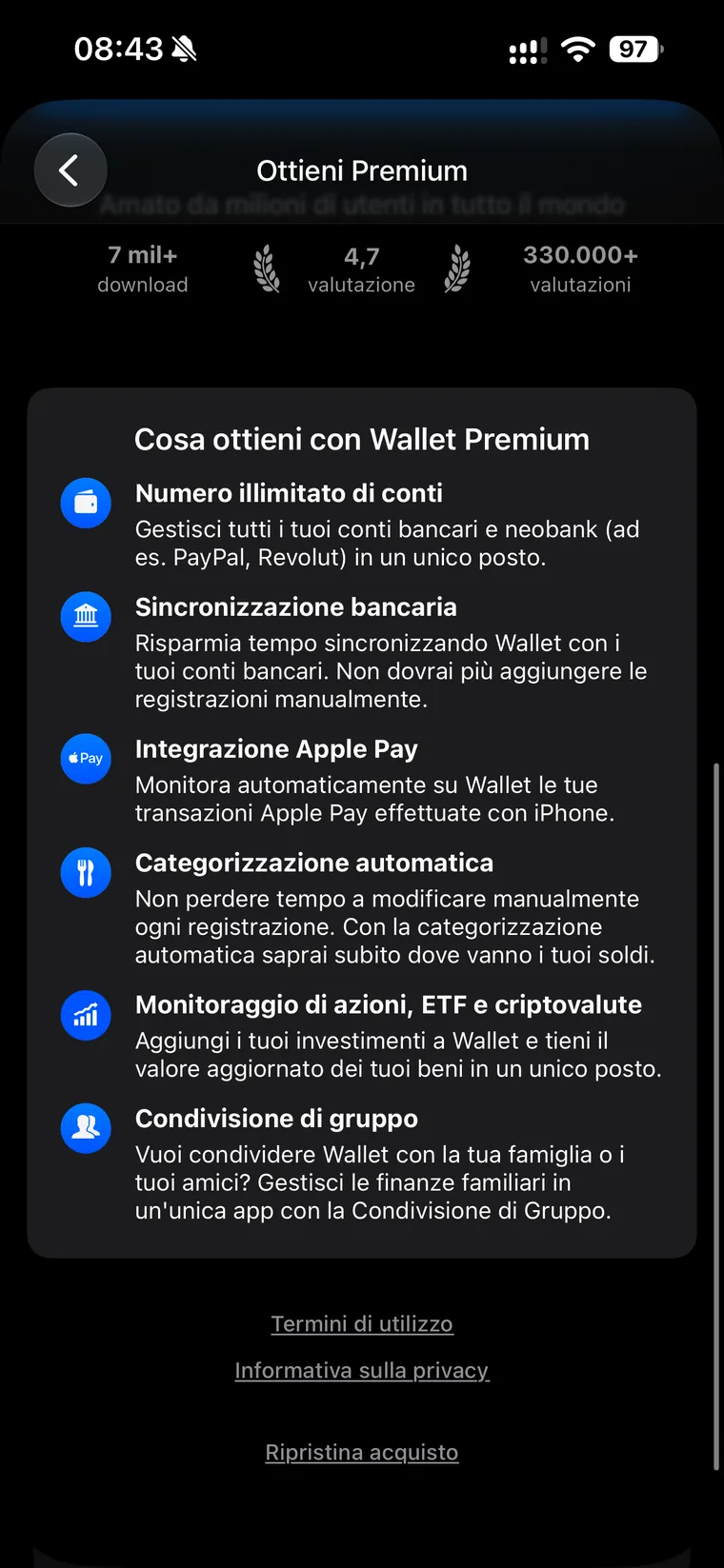 Schermata Cosa ottieni con Wallet Premium: numero illimitato di conti, sincronizzazione bancaria, integrazione Apple Pay, categorizzazione automatica, monitoraggio di azioni ETF e criptovalute, condivisione di gruppo