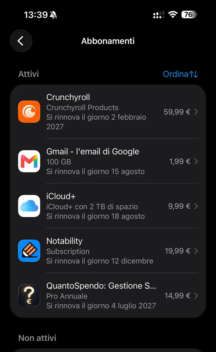 Elenco degli abbonamenti attivi su iPhone con prezzo e data di rinnovo di ciascuno, e sotto la sezione Non attivi